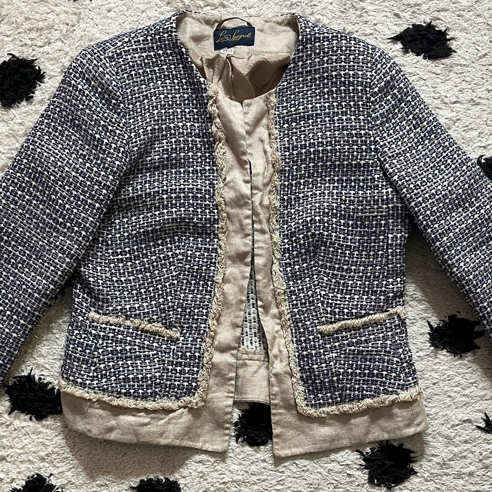 Luisa Spagnoli italy Navy and Cream Tweed Blazer (check measurements) (0-2)